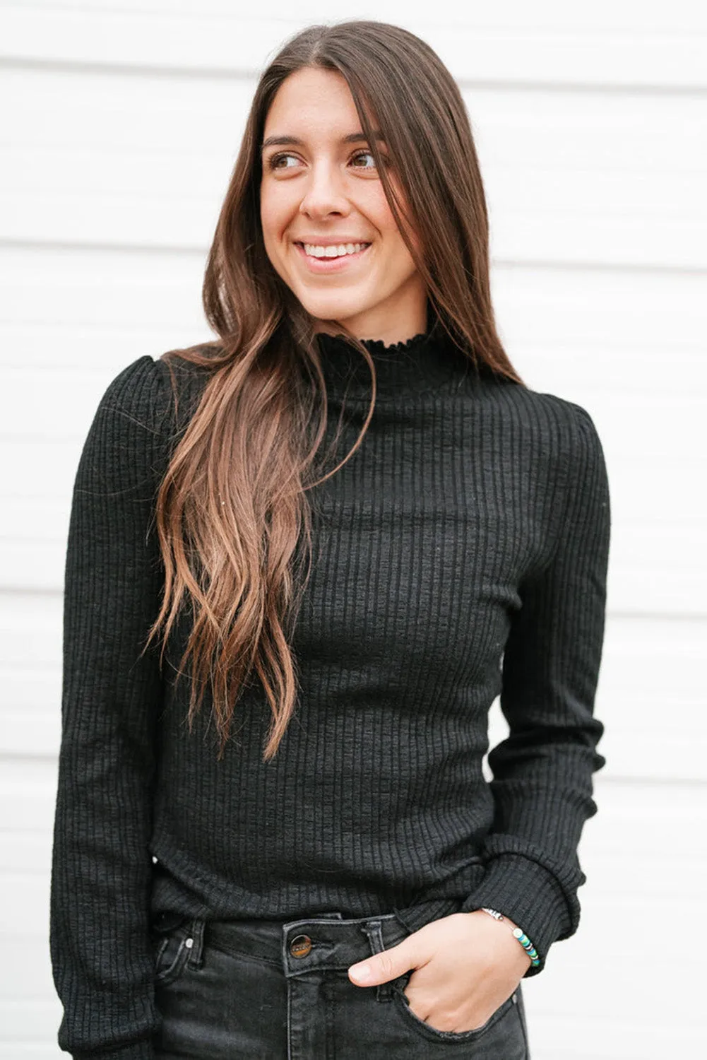 Black High Neck Ribbed Long Sleeve Top