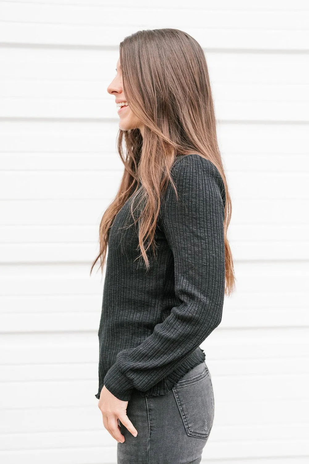 Black High Neck Ribbed Long Sleeve Top