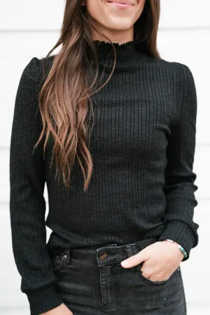 Black High Neck Ribbed Long Sleeve Top
