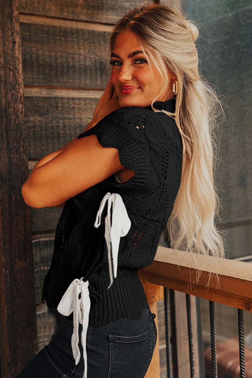 Black Hollowed Knit Scalloped Trim High Neck Sweater