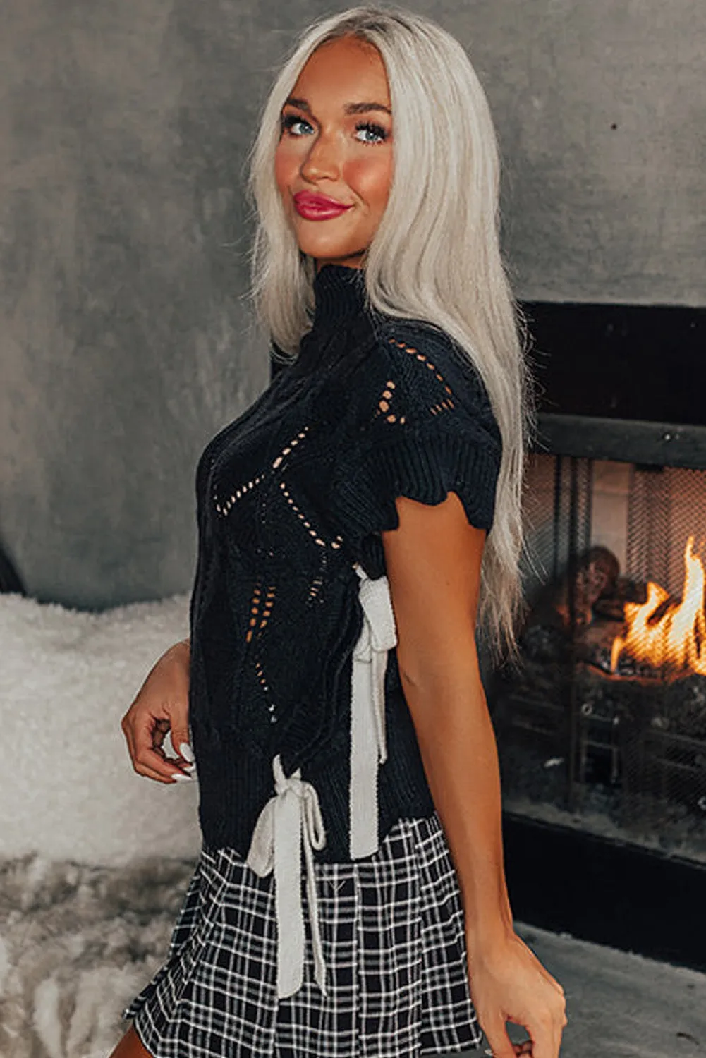 Black Hollowed Knit Scalloped Trim High Neck Sweater
