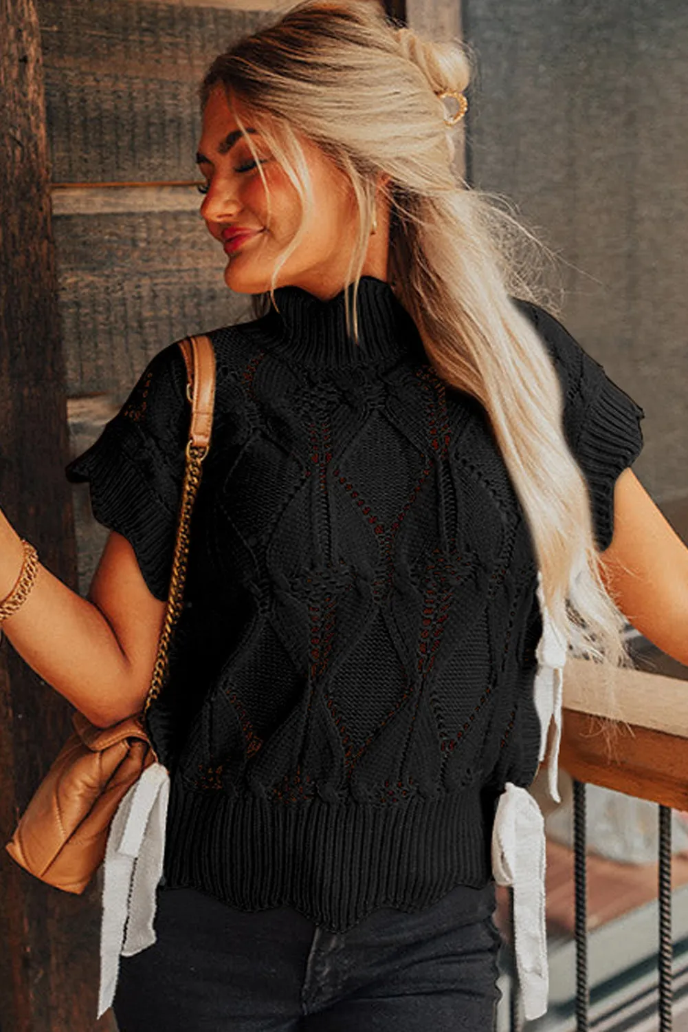 Black Hollowed Knit Scalloped Trim High Neck Sweater