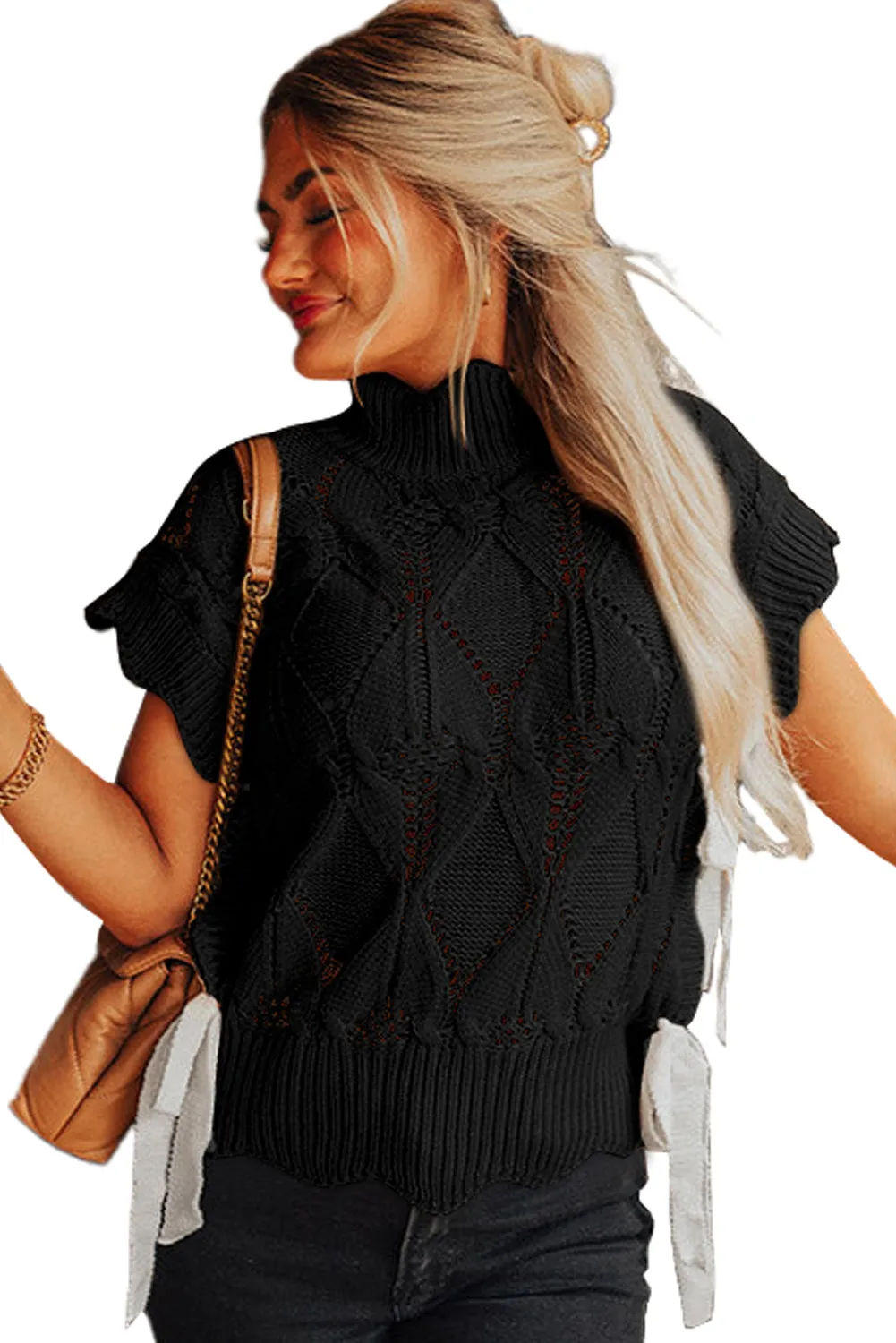 Black Hollowed Knit Scalloped Trim High Neck Sweater
