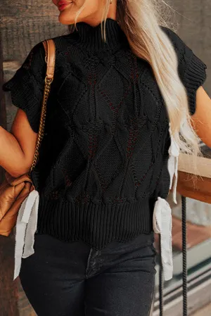 Black Hollowed Knit Scalloped Trim High Neck Sweater