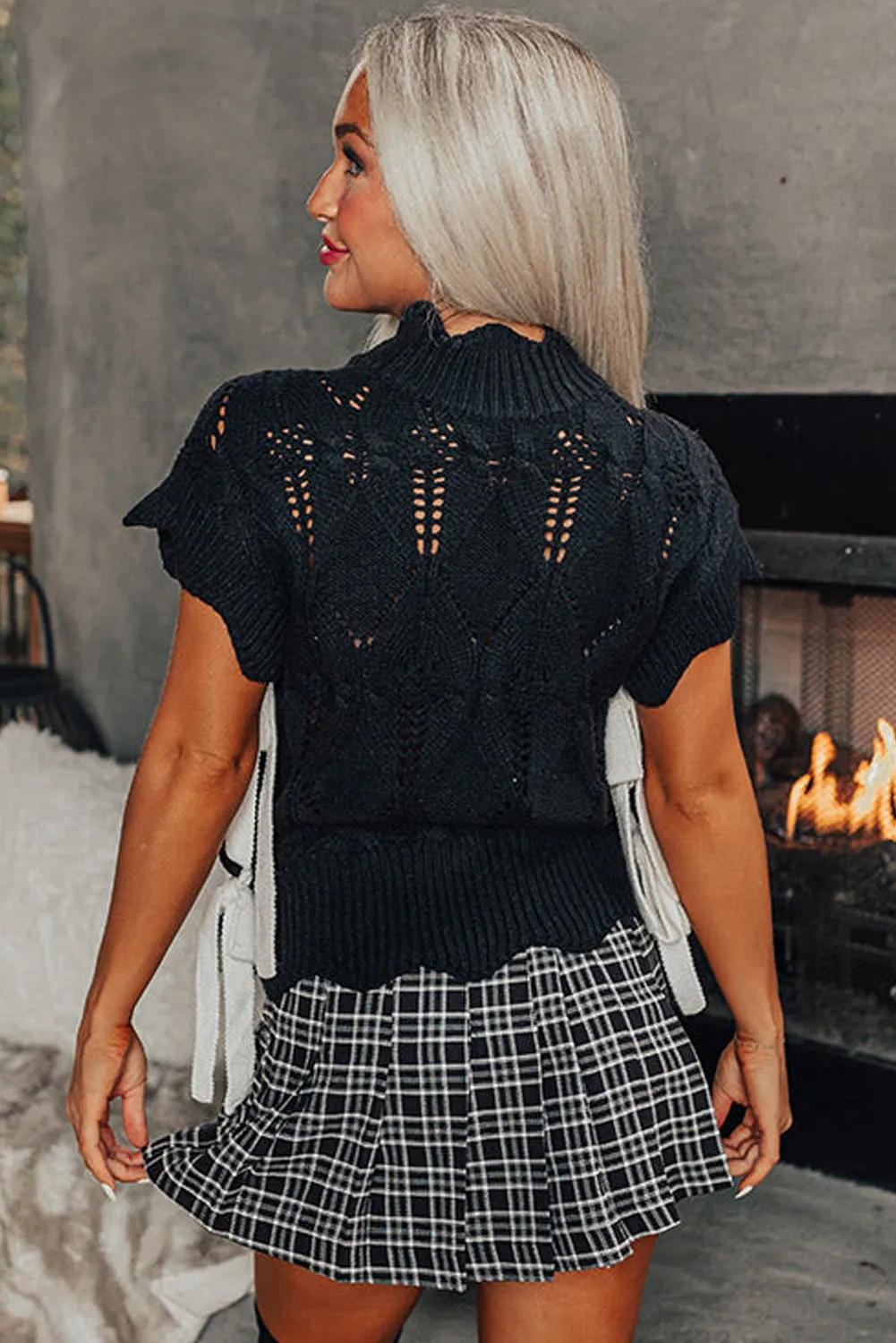 Black Hollowed Knit Scalloped Trim High Neck Sweater