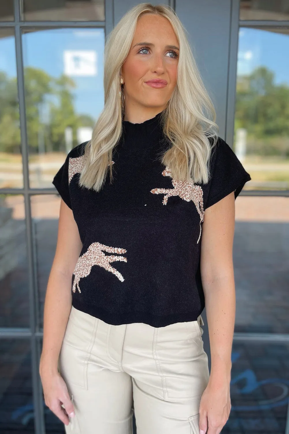 Black Lively Cheetah Pattern High Neck Sweater