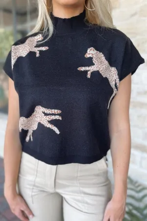 Black Lively Cheetah Pattern High Neck Sweater