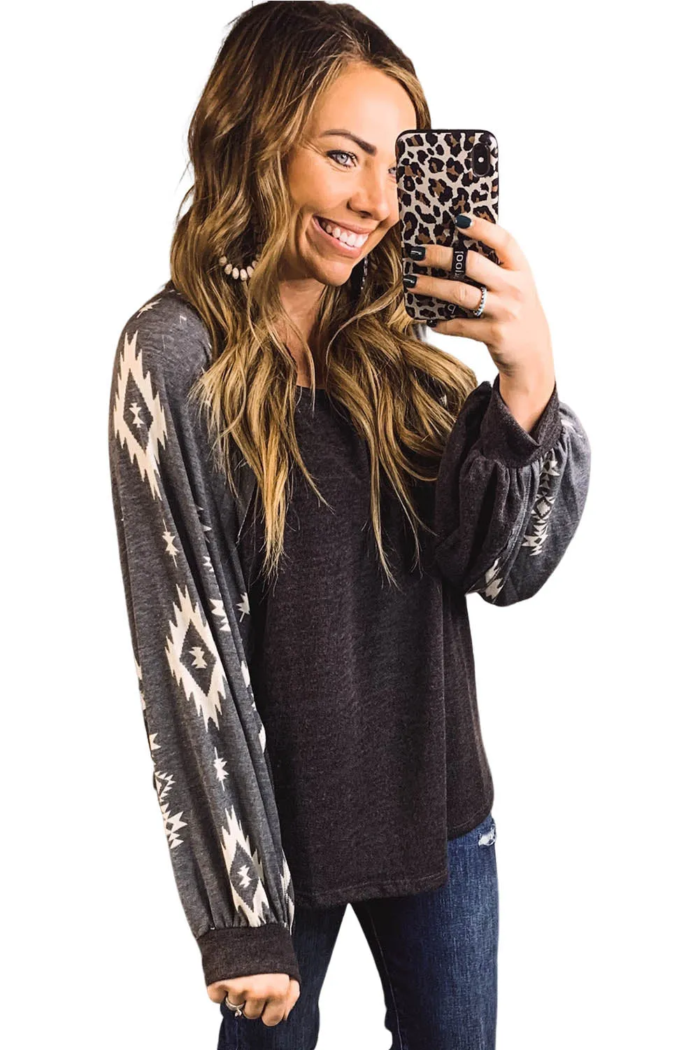 Black Western Print Patch Long Sleeve Top