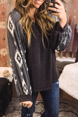 Black Western Print Patch Long Sleeve Top