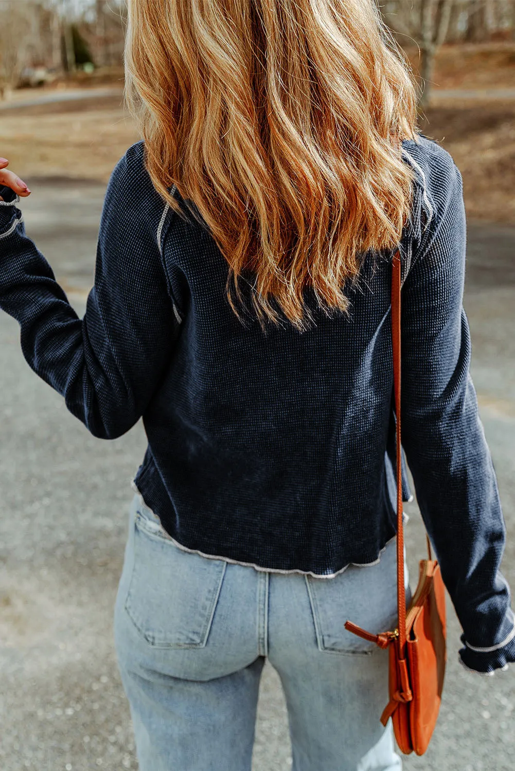 Blue Brown Textured Round Neck Long Sleeve Top