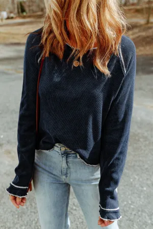 Blue Brown Textured Round Neck Long Sleeve Top