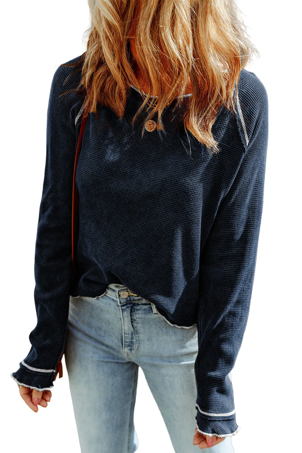 Blue Brown Textured Round Neck Long Sleeve Top