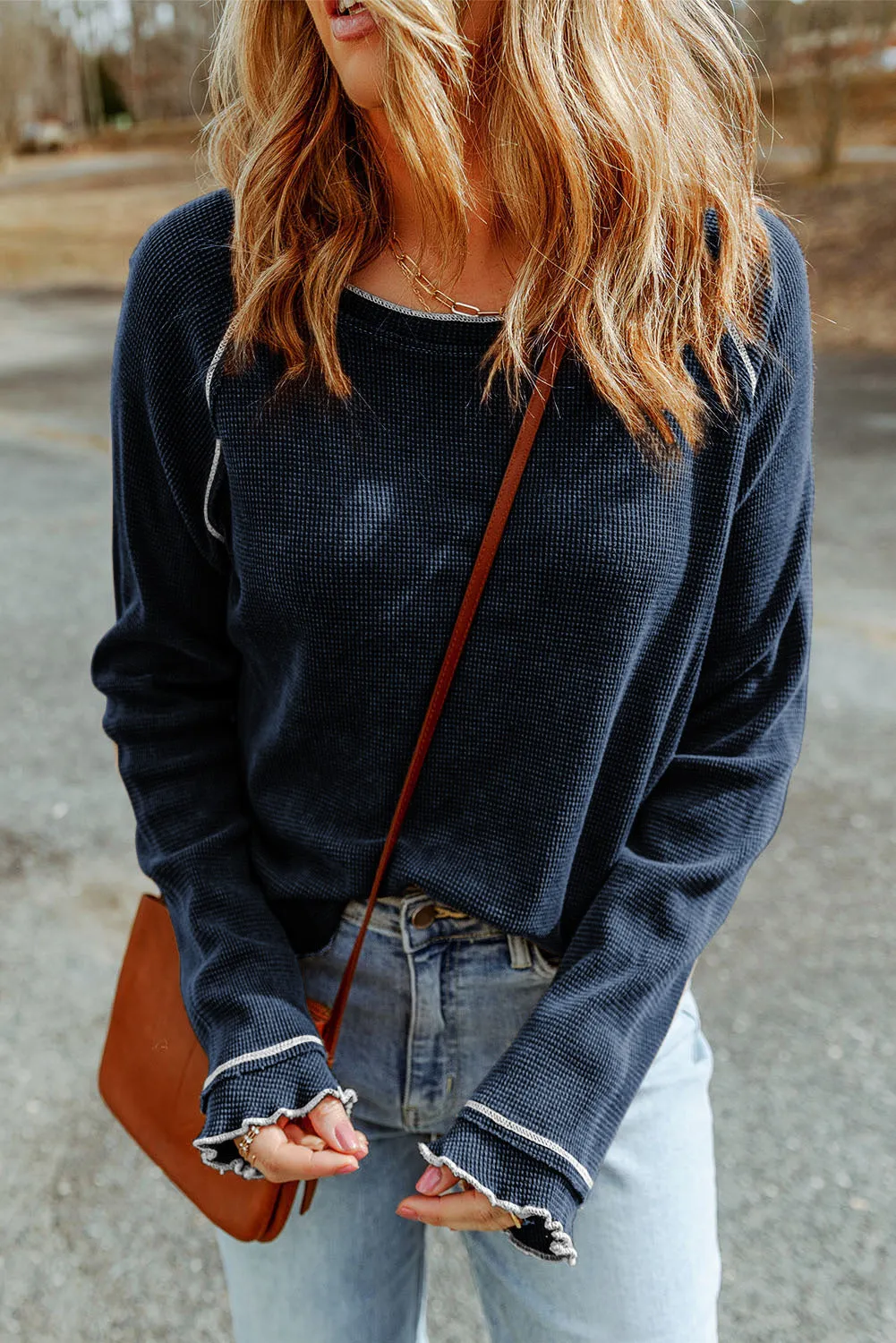 Blue Brown Textured Round Neck Long Sleeve Top