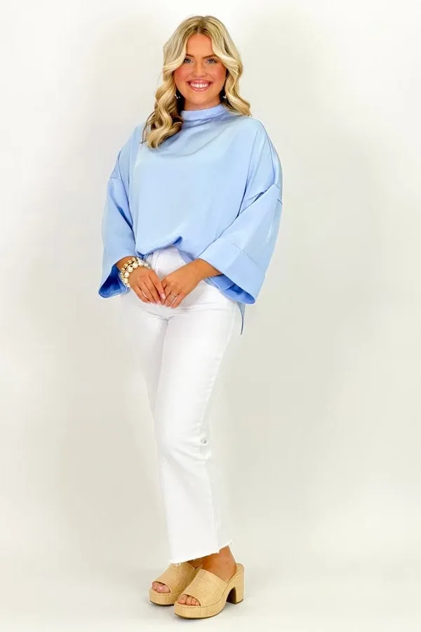Blue High Neck Short Sleeve Top