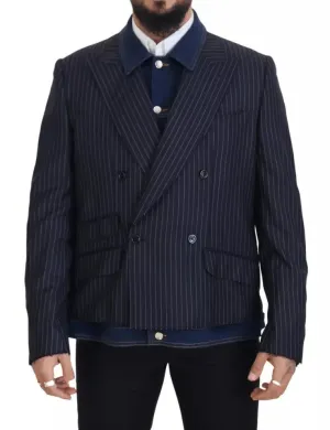 Blue Striped Double Breasted Denim Blazer