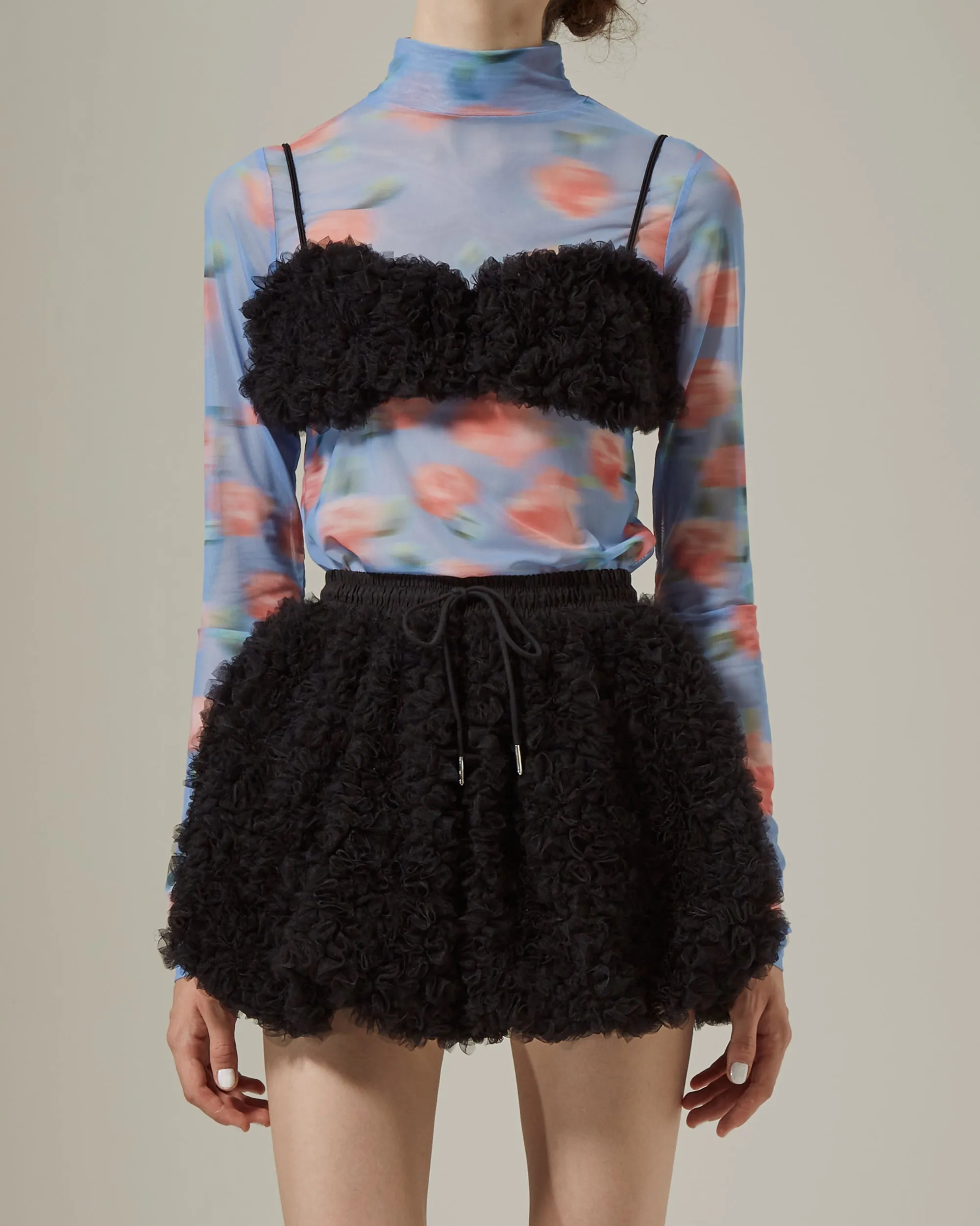 Blur pink flowers see-through tops (High neck)