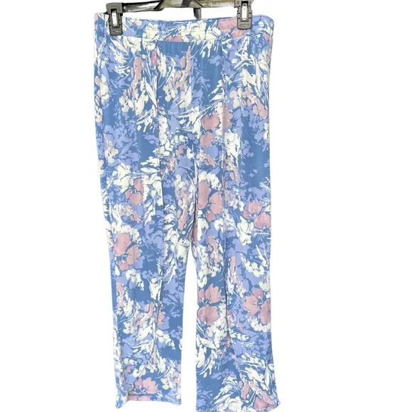 Breezies Women Knit Solid Top Printed Crop Pants Sleep Set Blue sz Medium