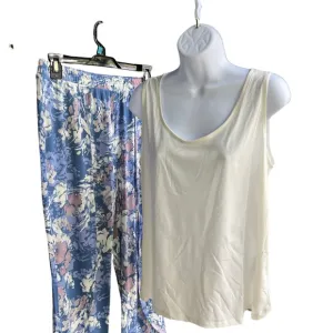 Breezies Women Knit Solid Top Printed Crop Pants Sleep Set Blue sz Medium