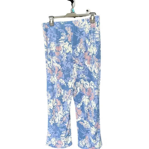 Breezies Women Knit Solid Top Printed Crop Pants Sleep Set Blue sz Medium