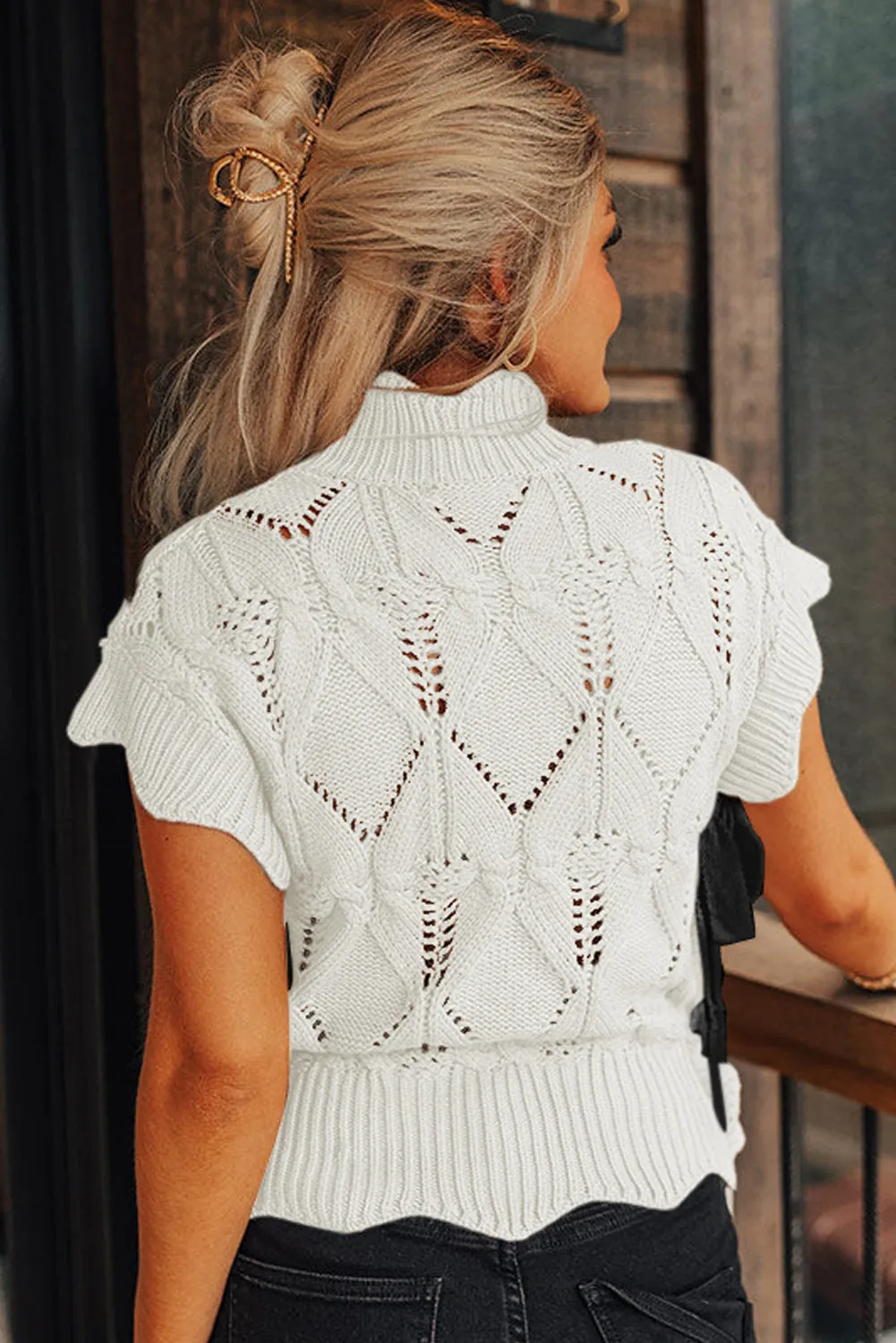 Bright White Hollowed Knit Scalloped Trim High Neck Sweater