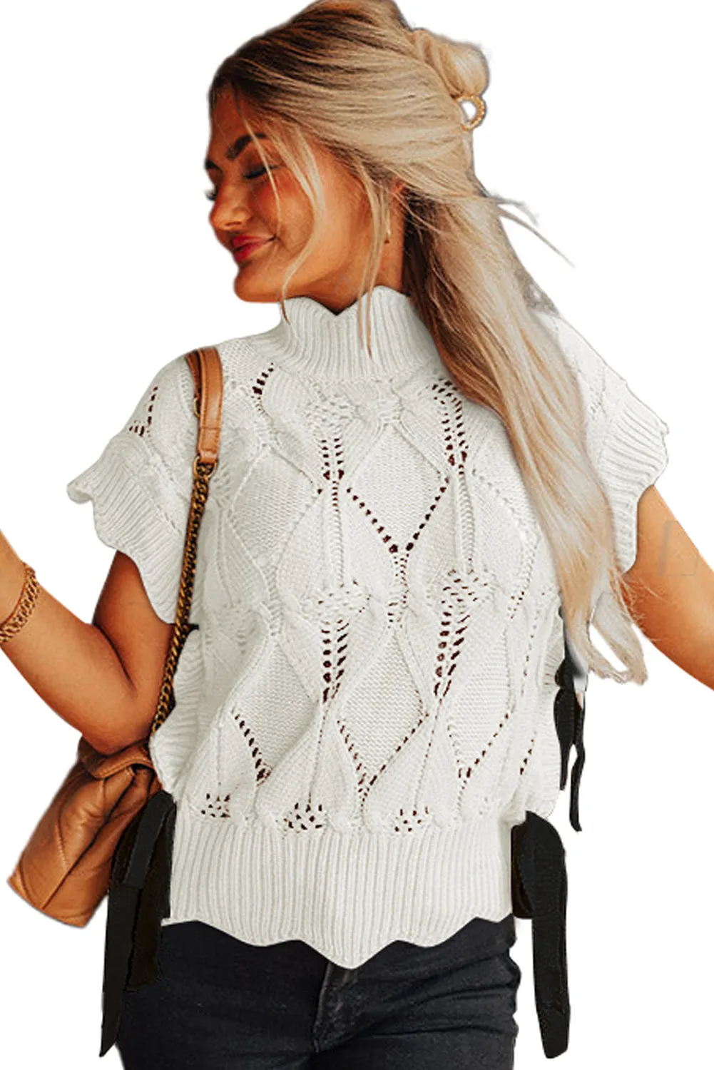 Bright White Hollowed Knit Scalloped Trim High Neck Sweater