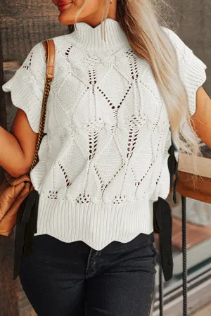 Bright White Hollowed Knit Scalloped Trim High Neck Sweater