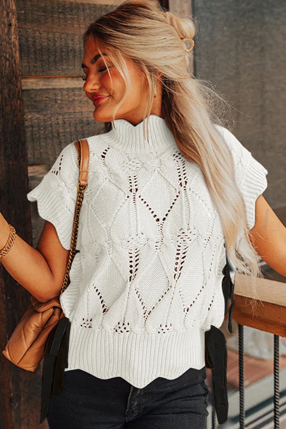 Bright White Hollowed Knit Scalloped Trim High Neck Sweater