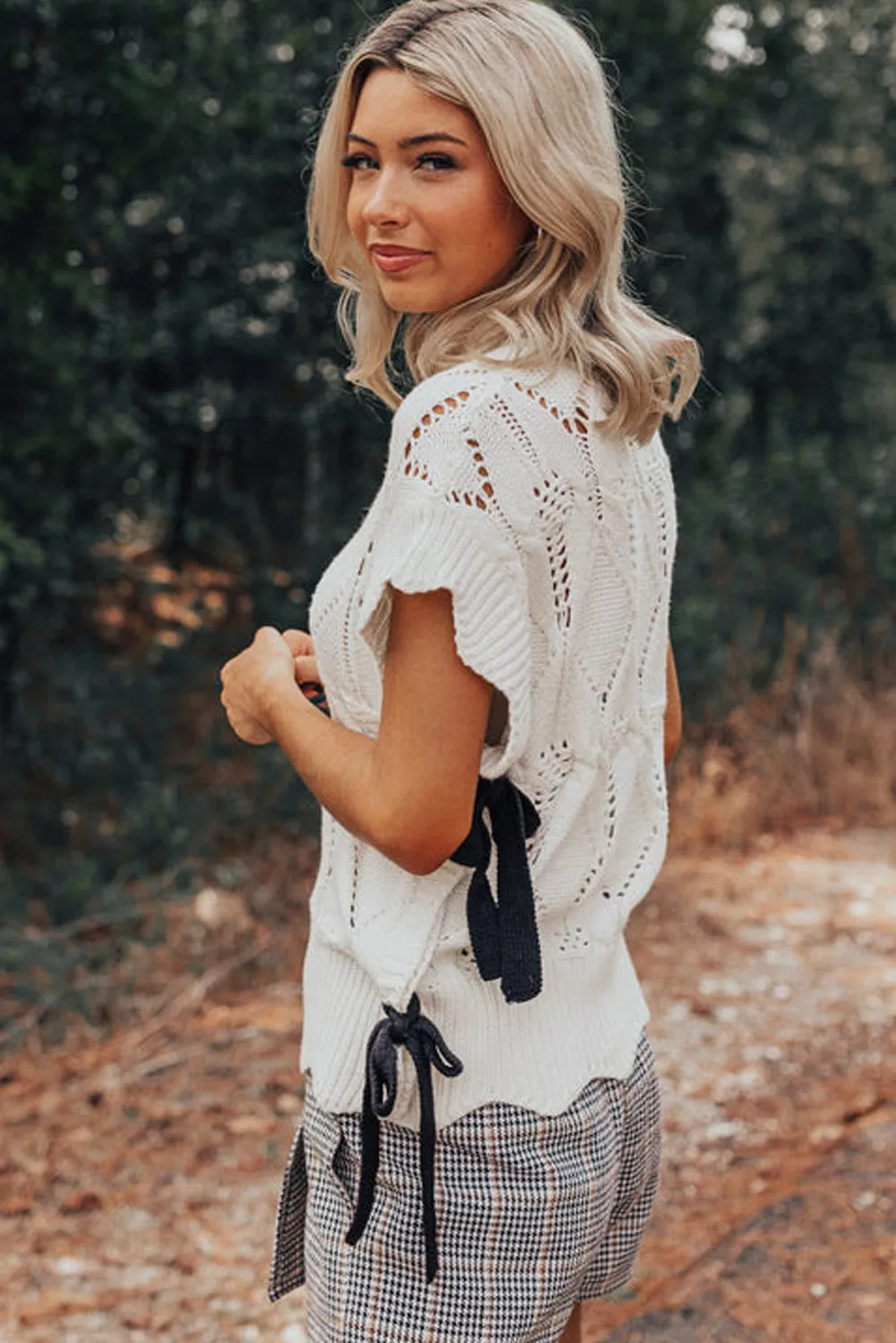 Bright White Hollowed Knit Scalloped Trim High Neck Sweater