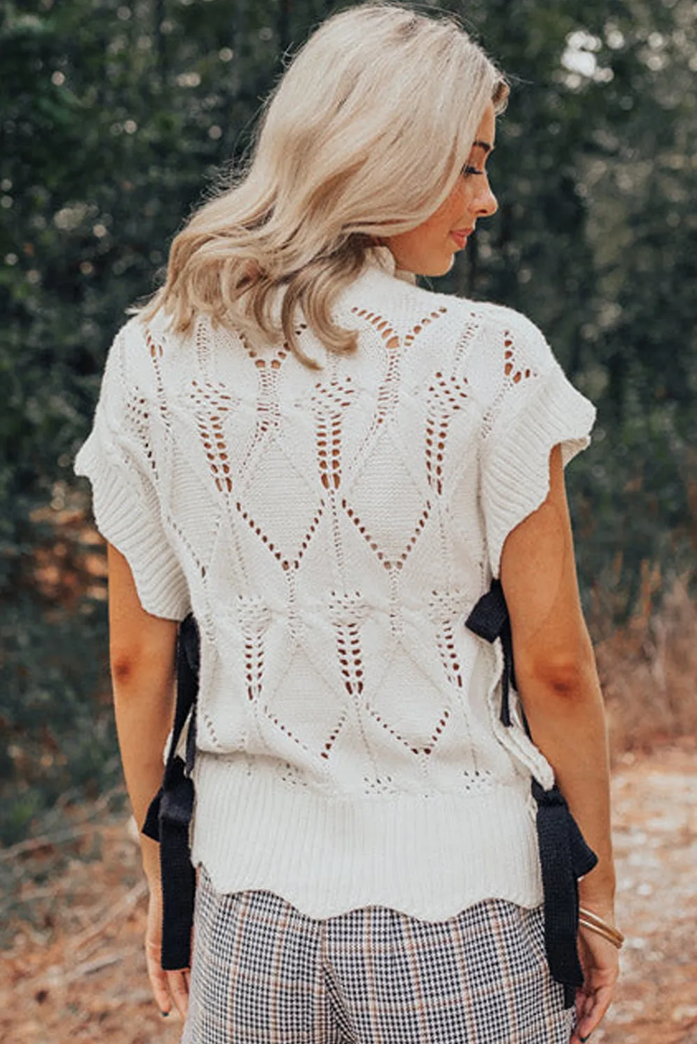 Bright White Hollowed Knit Scalloped Trim High Neck Sweater