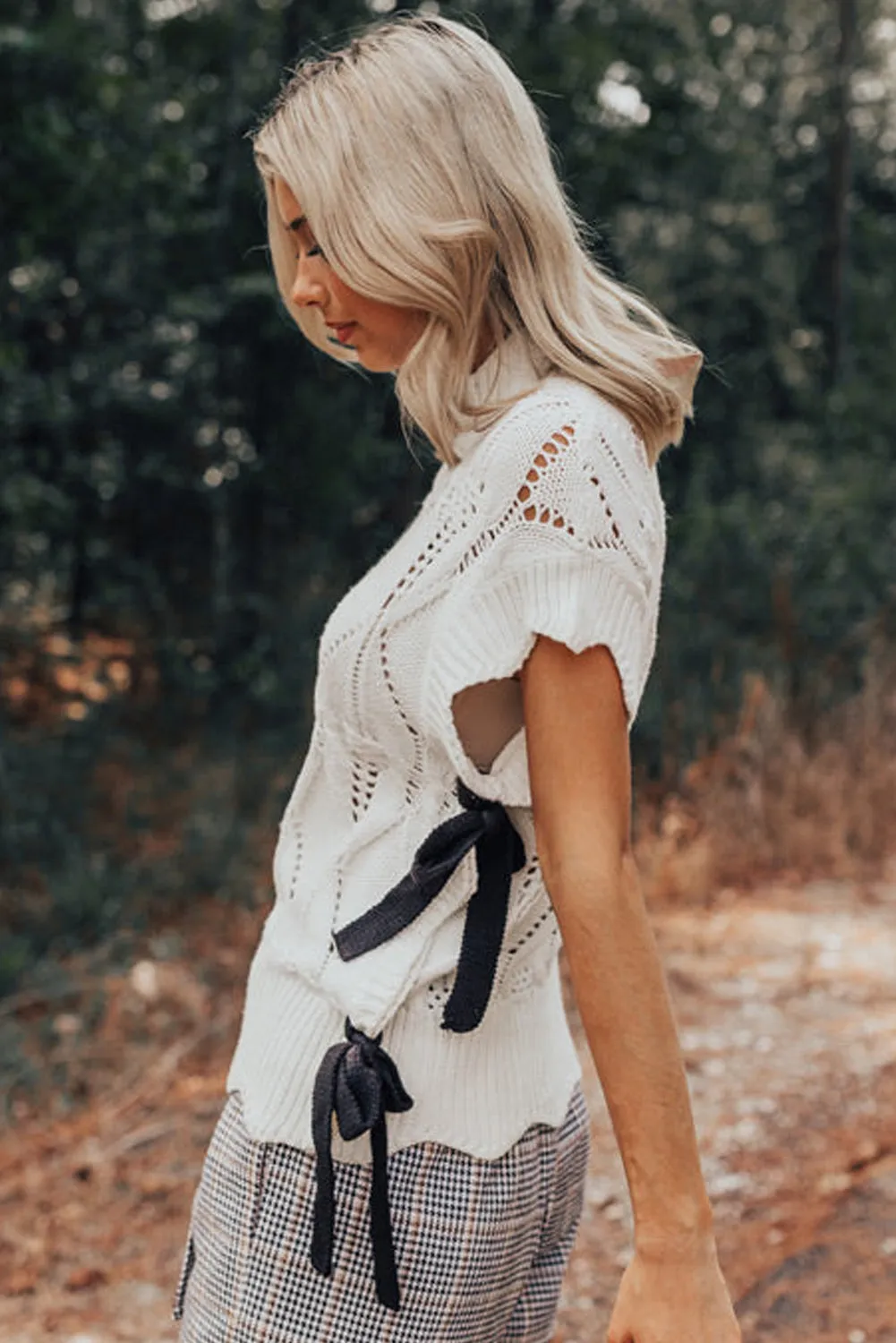 Bright White Hollowed Knit Scalloped Trim High Neck Sweater