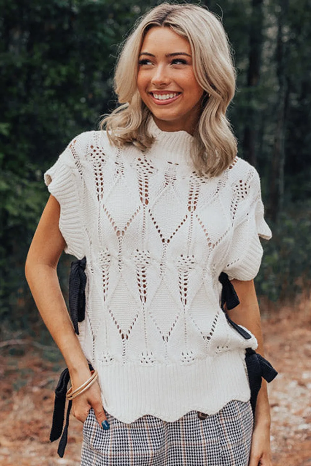 Bright White Hollowed Knit Scalloped Trim High Neck Sweater