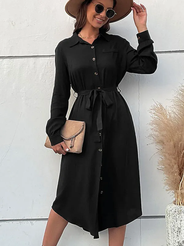 Button-Down Midi Shirt Dress with Waist Tie and Lapel Collar