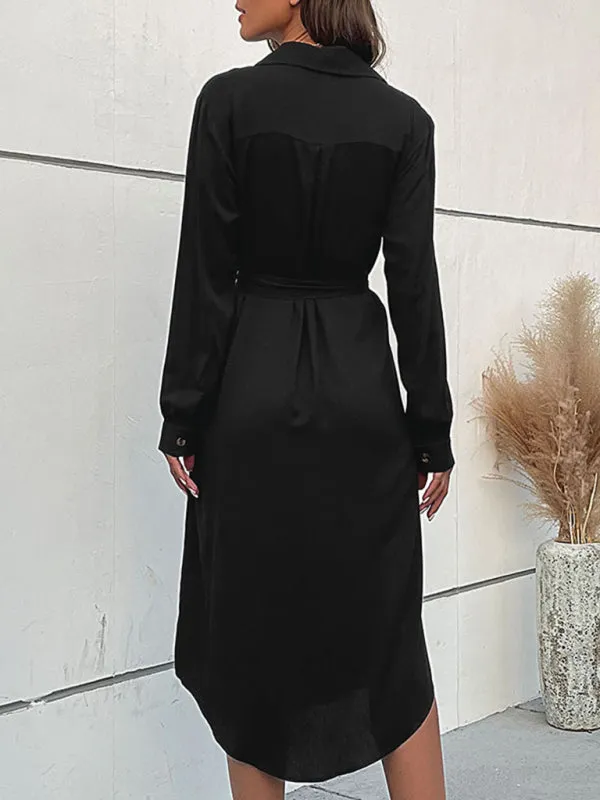 Button-Down Midi Shirt Dress with Waist Tie and Lapel Collar