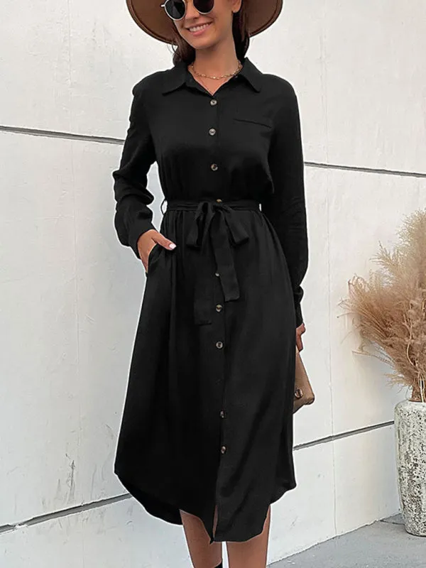 Button-Down Midi Shirt Dress with Waist Tie and Lapel Collar