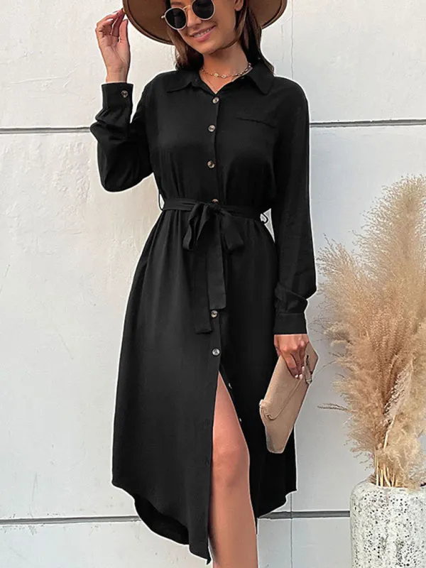 Button-Down Midi Shirt Dress with Waist Tie and Lapel Collar