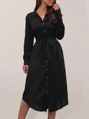 Button-Down Midi Shirt Dress with Waist Tie and Lapel Collar
