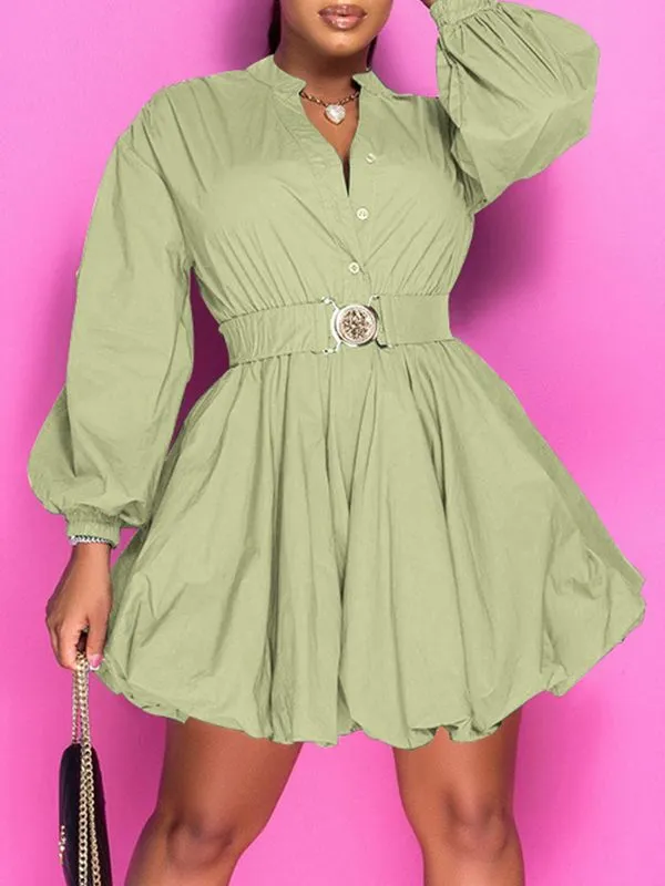 Button-Front Belted Puffy Dress