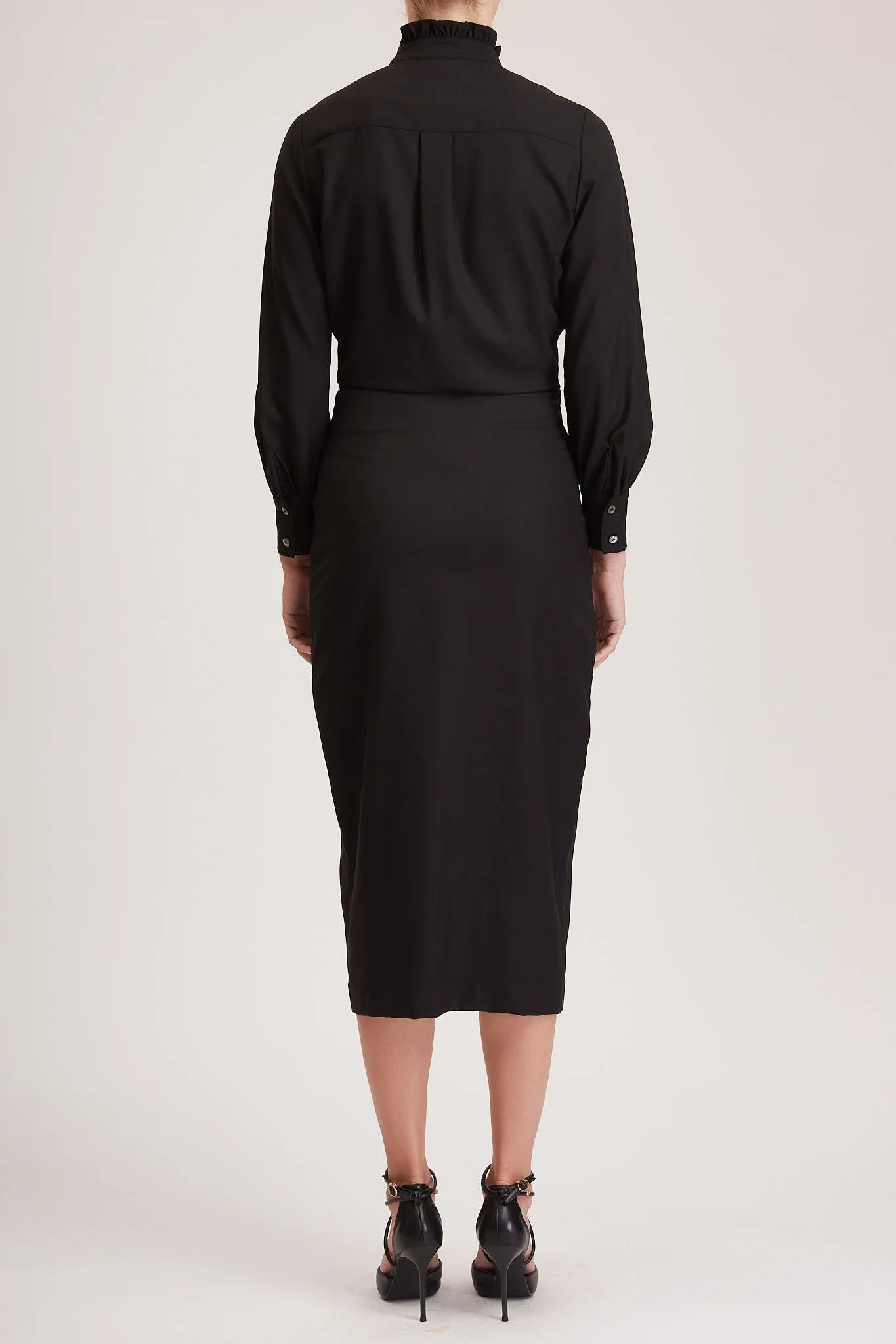 Cardiff Dress - Midi shirt dress in black wool crepe