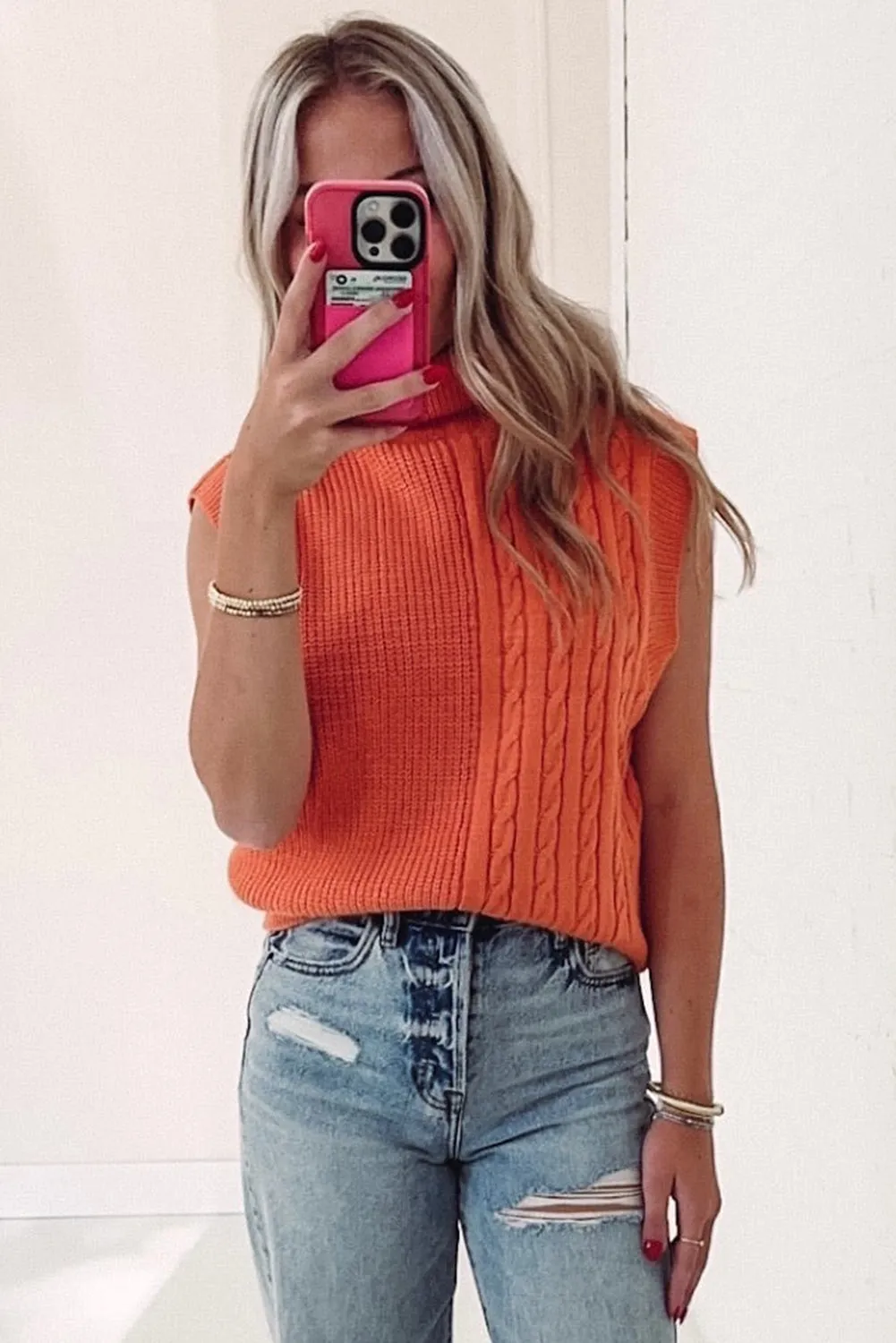Carrot Cable Mixed Knit High Neck Sweater Vest