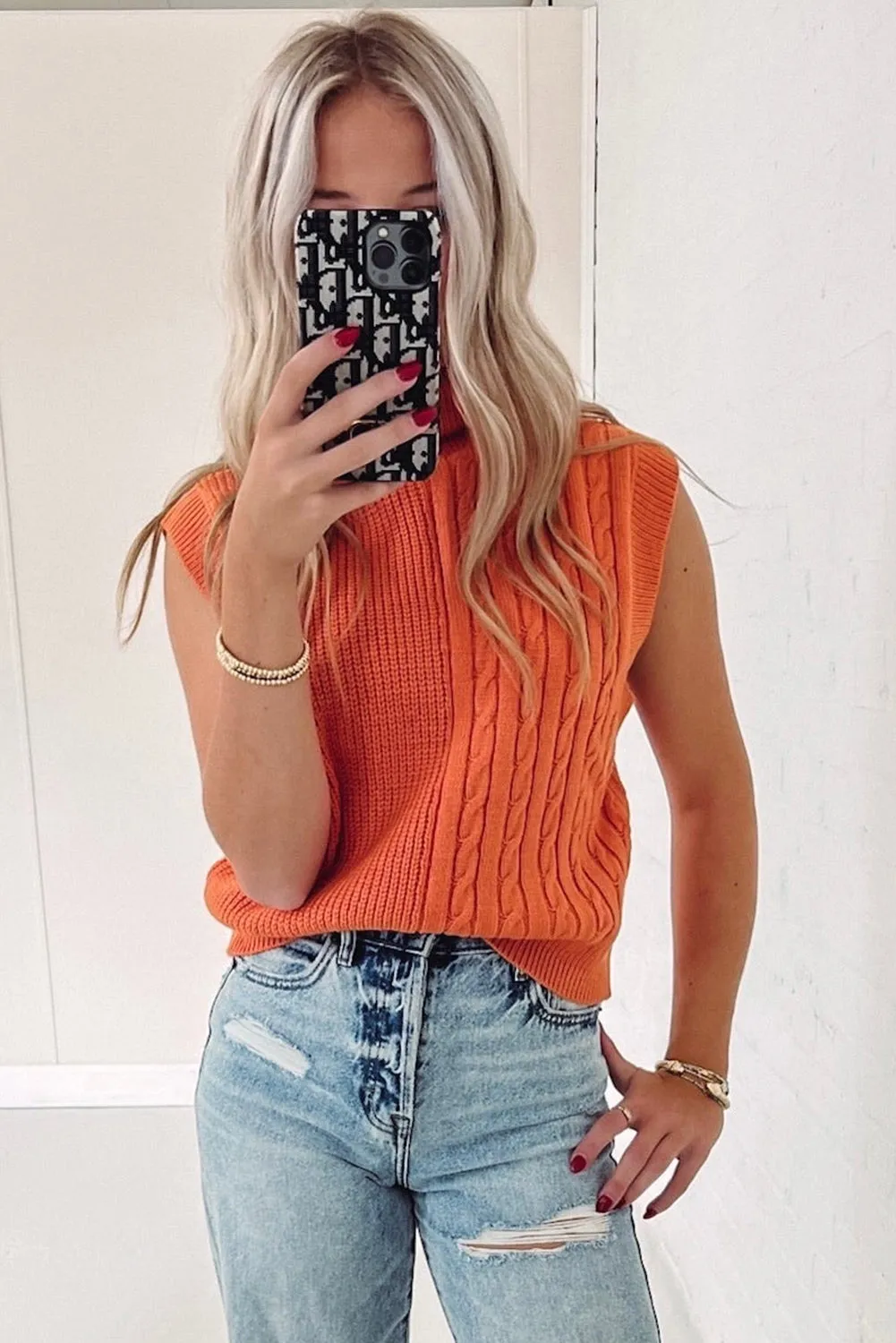 Carrot Cable Mixed Knit High Neck Sweater Vest