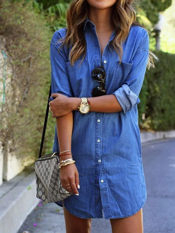 Casual Denim Shirt Female Long-sleeved Shirt Large Size Dress