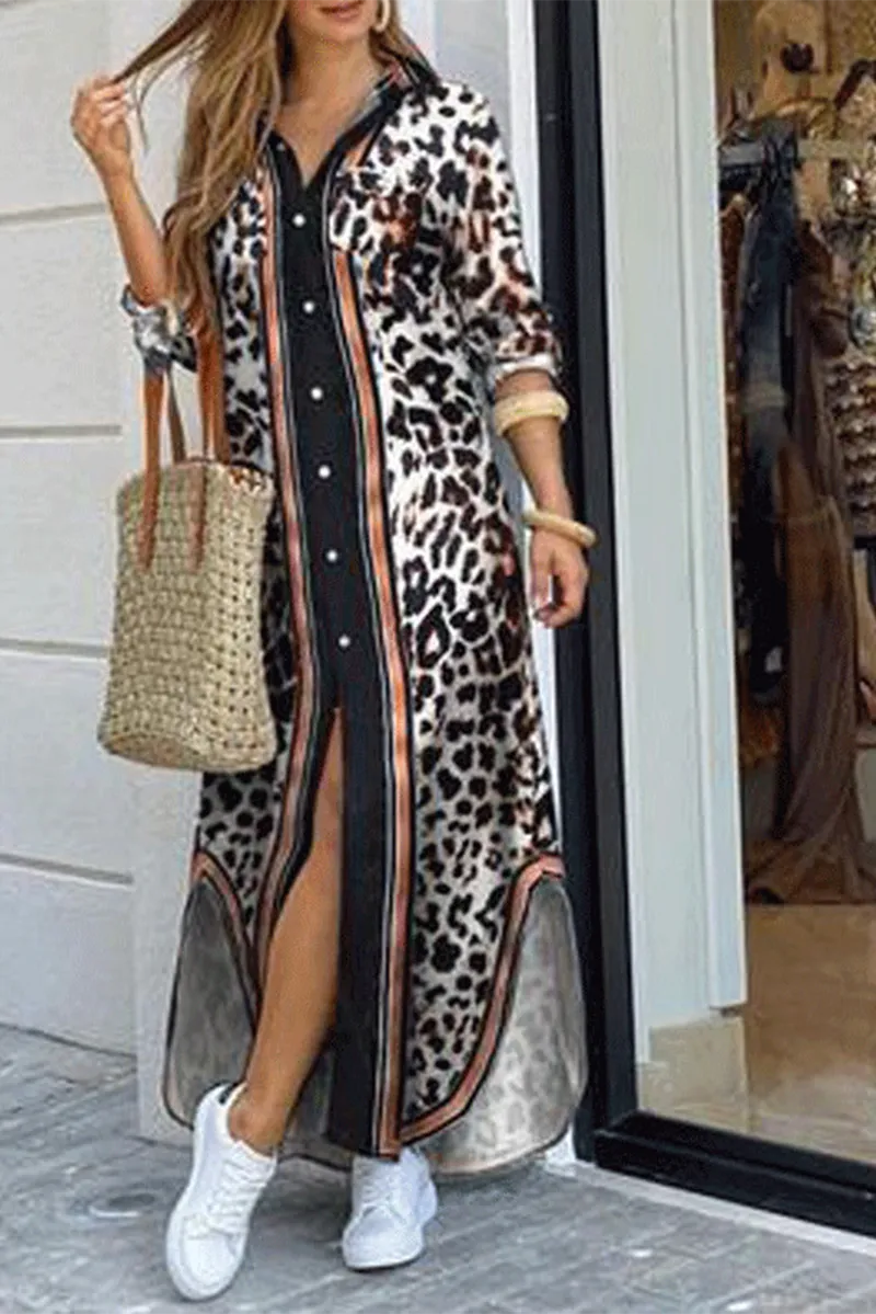 Casual Print Patchwork Turndown Collar Shirt Dresses