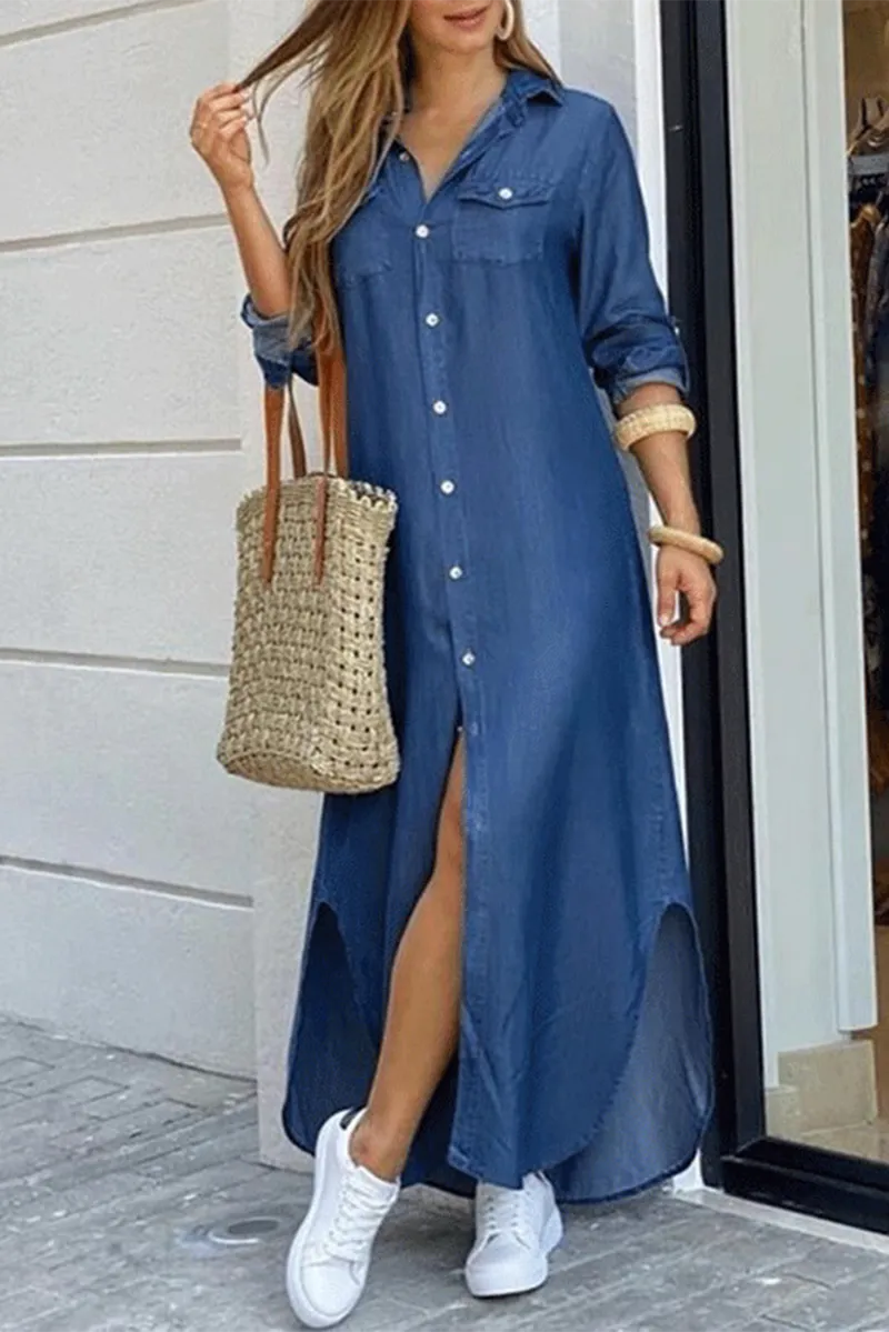 Casual Print Patchwork Turndown Collar Shirt Dresses