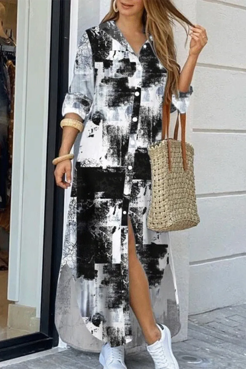 Casual Print Patchwork Turndown Collar Shirt Dresses