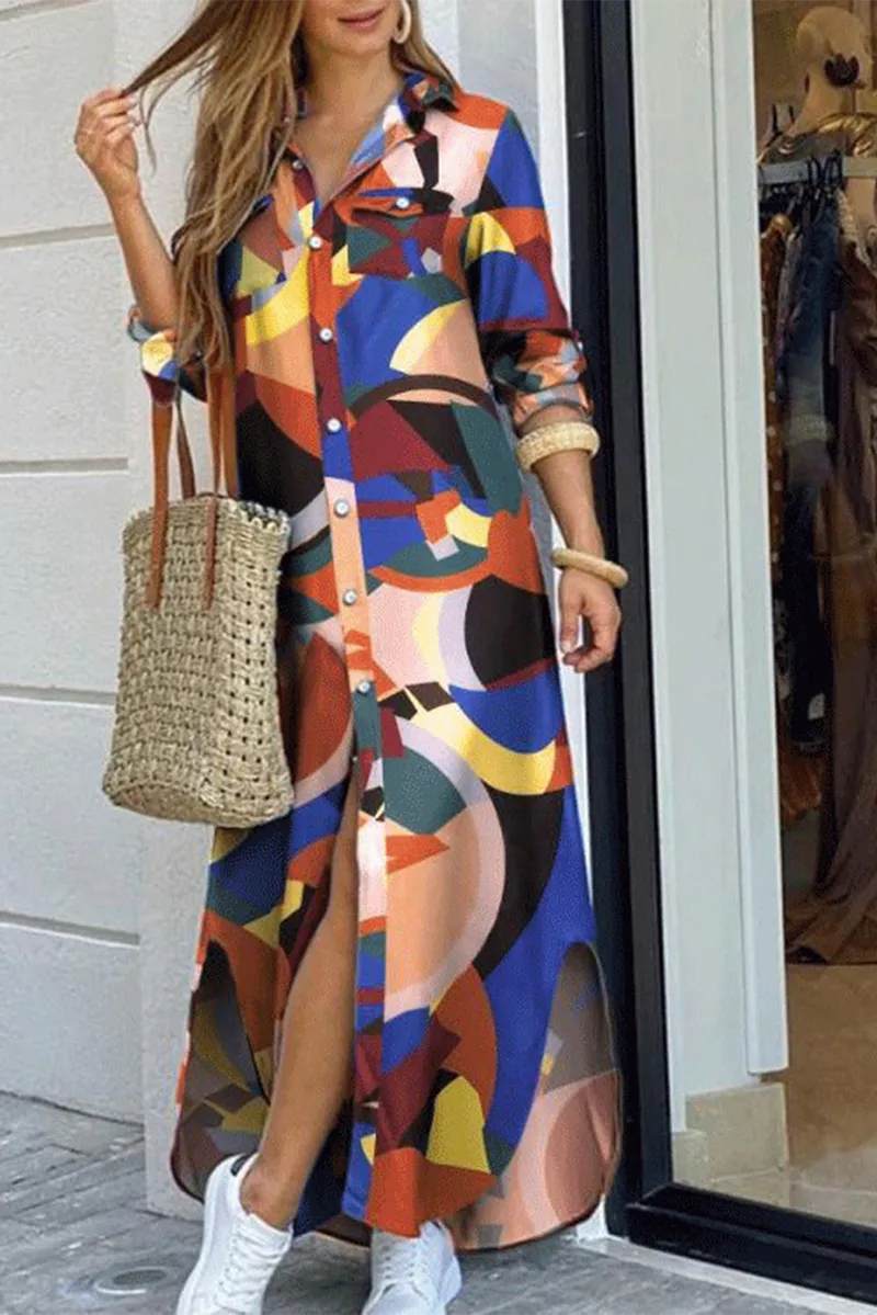 Casual Print Patchwork Turndown Collar Shirt Dresses