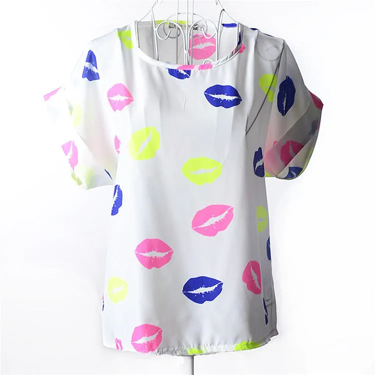 Casual Shirts for Women Chiffon Blouses Batwing Short Sleeve O-neck Plus Size XXL Print Shirt Tops Female LY1213a