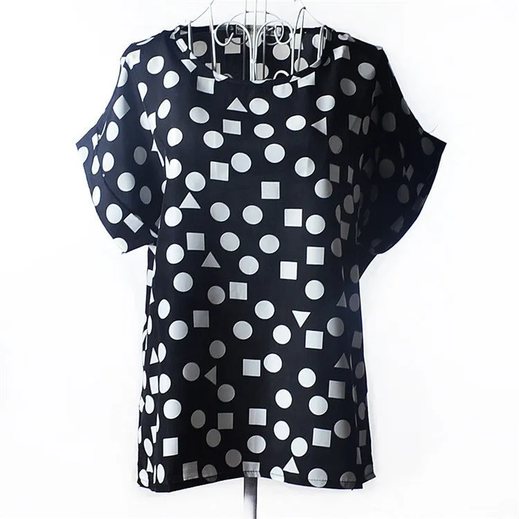 Casual Shirts for Women Chiffon Blouses Batwing Short Sleeve O-neck Plus Size XXL Print Shirt Tops Female LY1213a