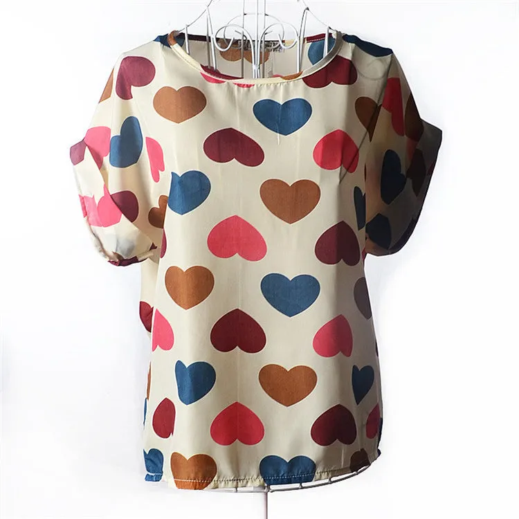 Casual Shirts for Women Chiffon Blouses Batwing Short Sleeve O-neck Plus Size XXL Print Shirt Tops Female LY1213a
