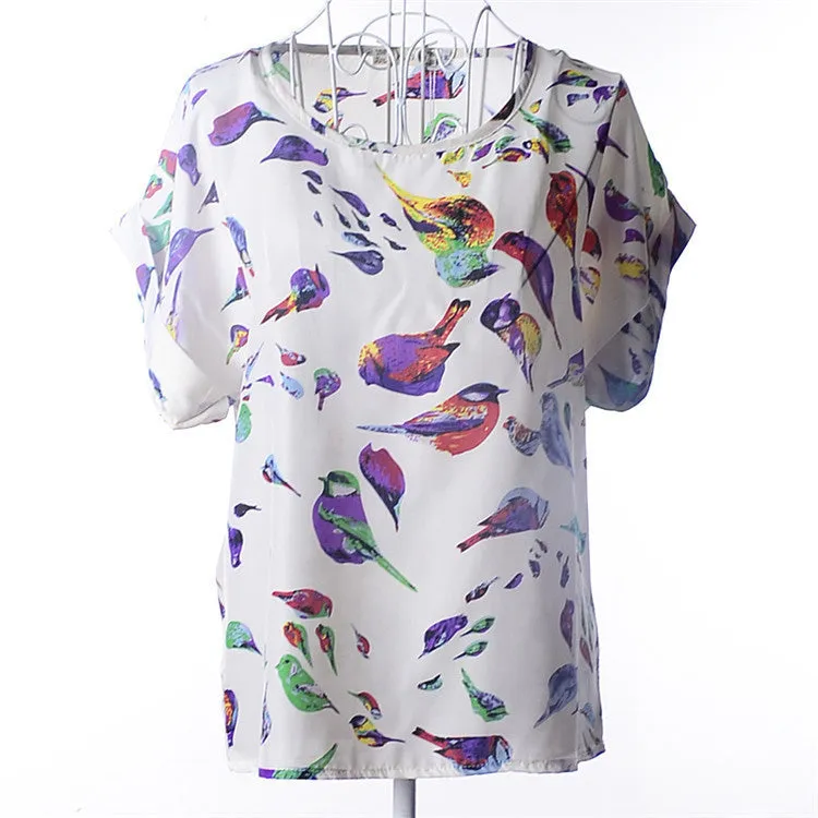 Casual Shirts for Women Chiffon Blouses Batwing Short Sleeve O-neck Plus Size XXL Print Shirt Tops Female LY1213a