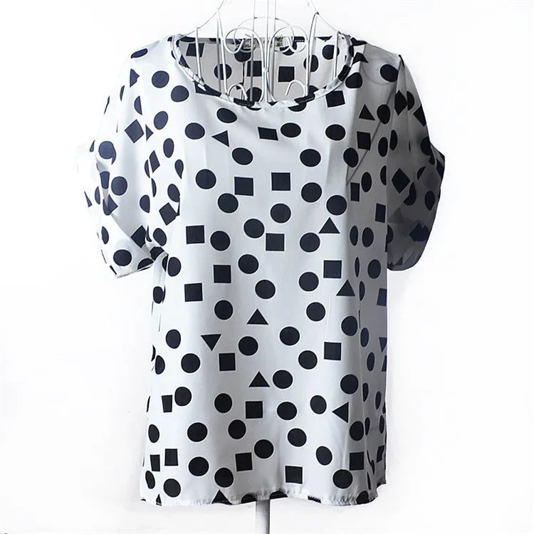 Casual Shirts for Women Chiffon Blouses Batwing Short Sleeve O-neck Plus Size XXL Print Shirt Tops Female LY1213a